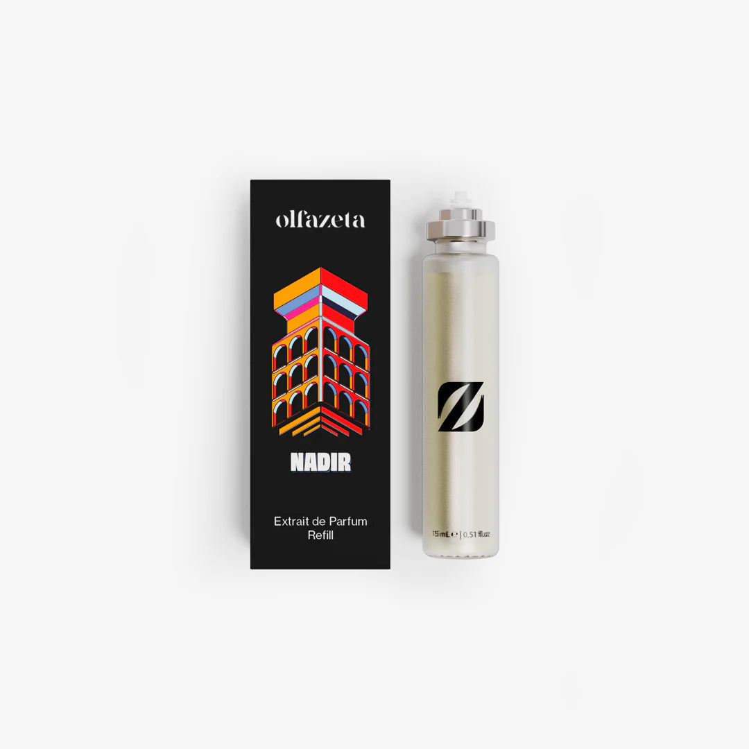 Zwarte doos Olfazeta by Chogan Nadir 10 Years Edition met kleurrijke illustratie en Extrait de Parfum-navulling 15 mL