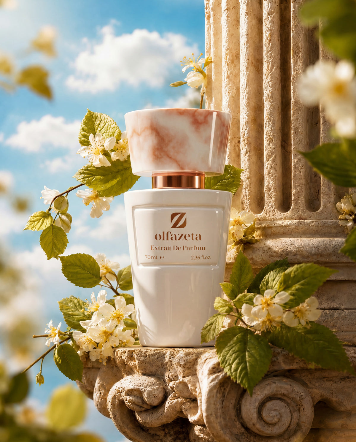 White bottle Olfazeta by Chogan Millésime N°25 on a column capital, jasmine flowers and blue sky