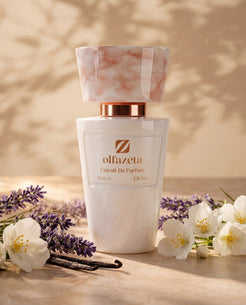 White Olfazeta by Chogan Millésime N°120 bottle with lavender, white jasmine flowers and vanilla pods