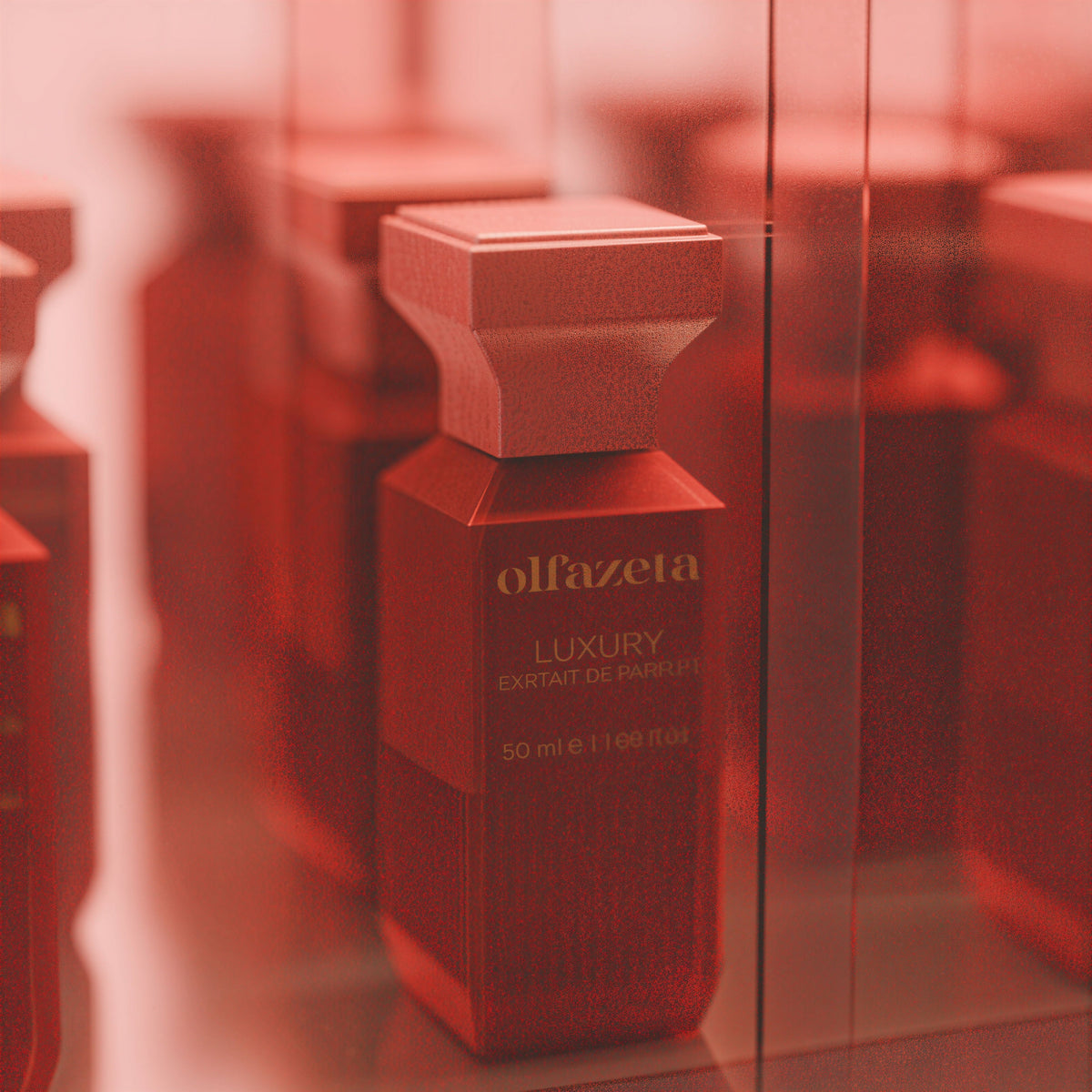 Piros flakon Olfazeta by Chogan Luxury N°146, Extrait de Parfum 50 ml közelről, tompított vörös hangulatban